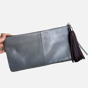 Halogen Gray and Eggplant Leather Clutch